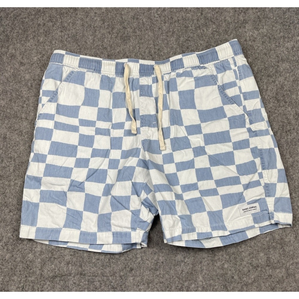 Banks Journal Shorts Mens XL  Blue White Check Drawstring Coastal Beach